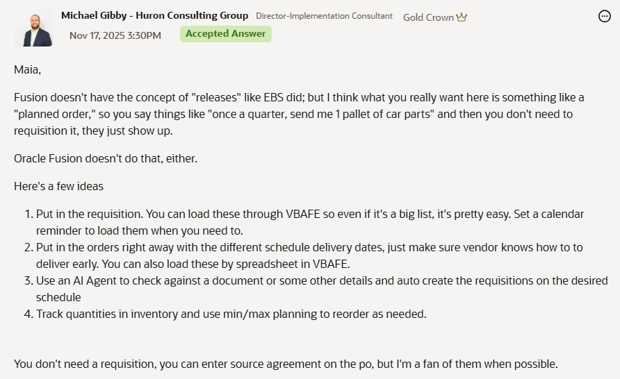 Example of an accepted answer on Oracle Cloud Customer Connect