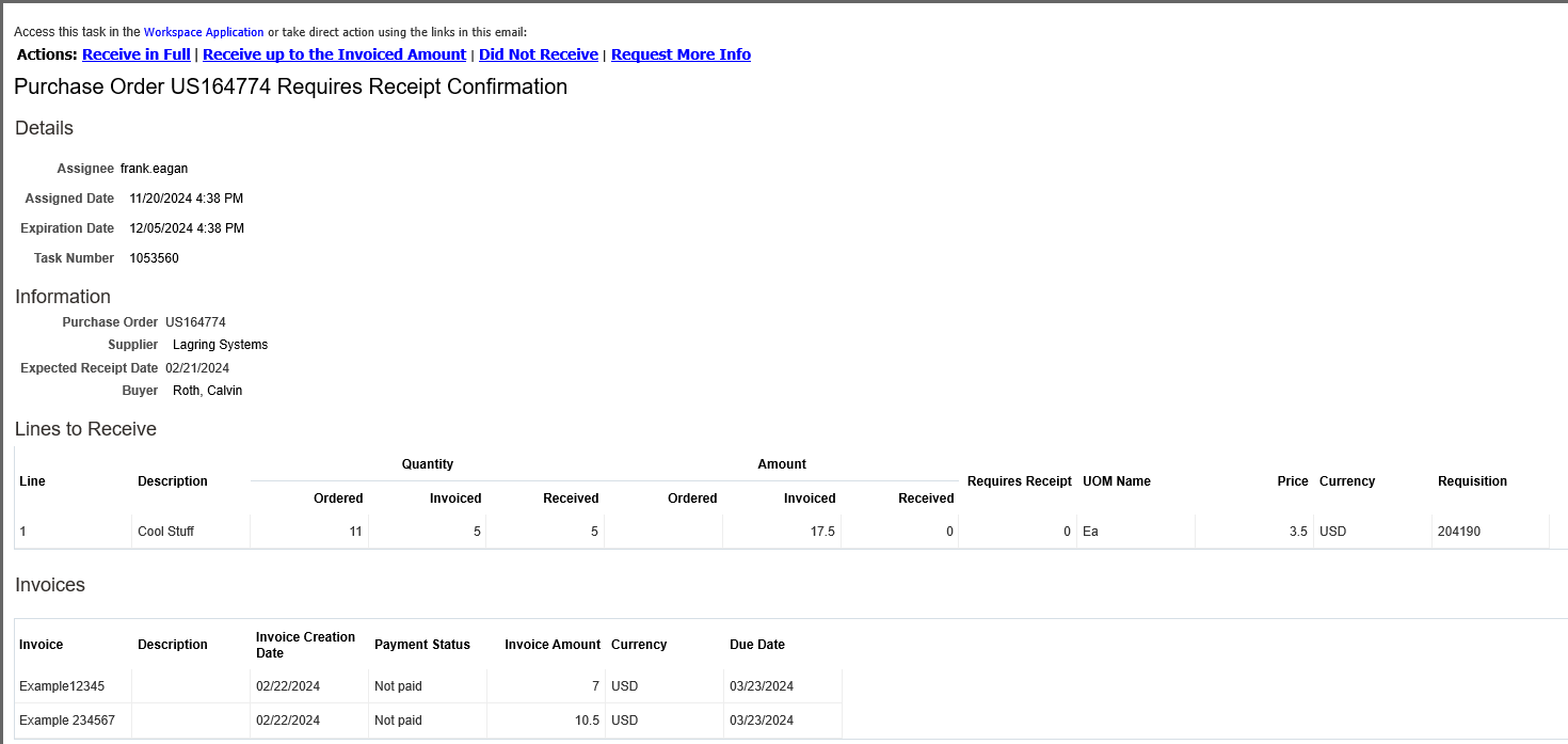 Receipt Confirmation email showing invoice, purchase order, receipt, and response options