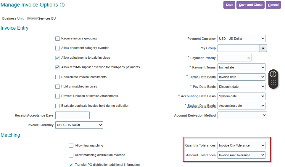 Manage Invoice Options page showing default quantity and amount tolerance assignments