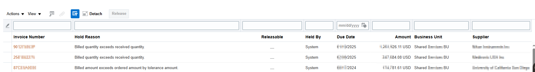 Payables invoice list filtered to matching holds