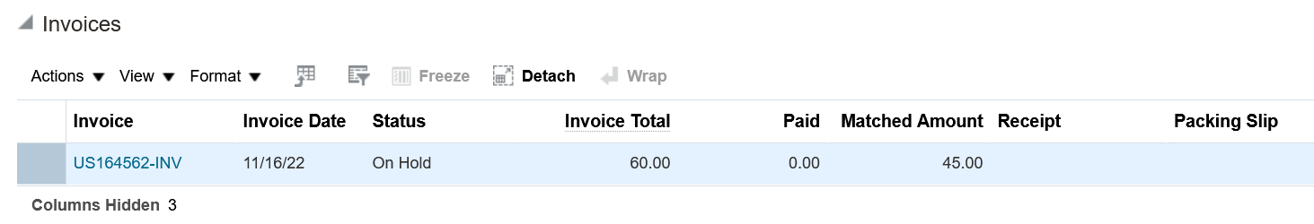 Buyer view of invoice information with limited matching detail