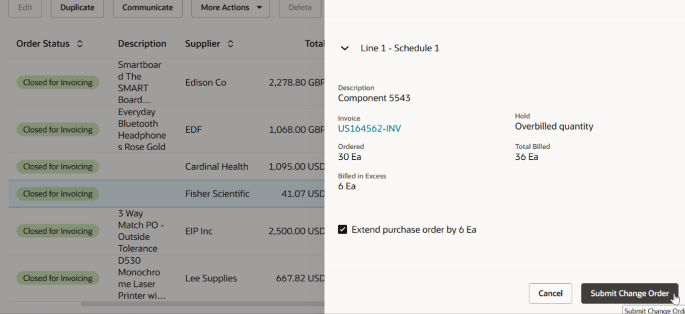 Redwood purchase-order page action that generates a change order to resolve a hold